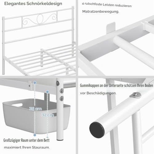 Yaheetech Bettrahmen 160 x 200 cm Metallbett mit Lattenrost Doppelbett Gästebett Jugendbett mit Kopfteil für Schlafzimmer Gästezimmer Weiß – Ansicht 4