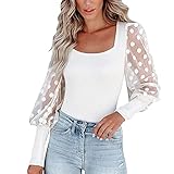 Rioge Damen Tops Sexy Langarm Mesh Spleißen Tshirts Bluse Casual Quadratischer Kragen Oberteil Damen Elegant Einfarbig Langarmshirt Slim Bluse für Frauen