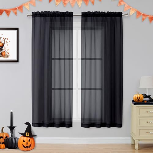 Image of OVZME Voile Sheer Window Privacy Curtains, Rod Pocket Elegant Airy Sheer Curtains Drapes for Living Room /Bedroom, Black, W42 x L63, 2 Panels