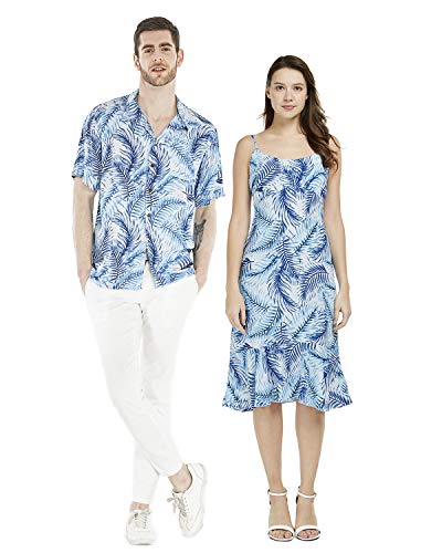 Couple Matching Hawaiian Luau Shirt Mermaid Dress Simply Blue Leaves