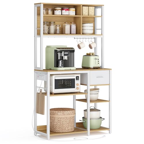 VASAGLE Bakers Rack with Charging Station, Coffee Bar, 15.7 x 31.5 x 71 Inches, Kitchen Microwave Stand, Adjustable Storage Shelves, Fabric Drawer, 12 Hooks, Golden Oak and Cloud White UKKS0