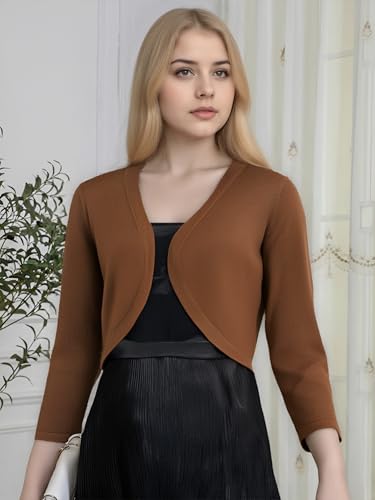 Image of Women's Cropped 3 /4 Sleeve Knit Cardigan - Open Front Bolero Shrug (Brown, X-Large)