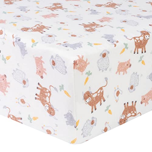 Image of Farm Friends Deluxe Flannel Fitted Crib Sheet-Farm Animal Scatter Print Cotton Flannel, Grays, Brown, White, Orange, Fully Elasticized, 10 in Deep Pockets, Fits Standard Crib Mattress 28 in x 52 in