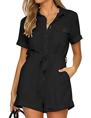 GRAPENT Women's Black Summer Casual Short Sleeves Button Down Pocket Belted Jumpsuits Rompers Size Large (Fits US 12-14)