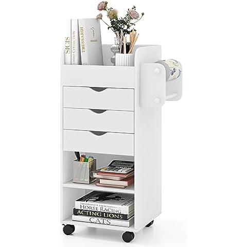 LOKO Rolling Storage Drawer Cart, Mobile Storage Cabinet with 3 Drawers, 2 Open Shelves, 2 Dowel Rods, Wooden Craft Organizer Utility Cart with Lockable Casters for Home, Office, Kitchen, Bathroom Cover
