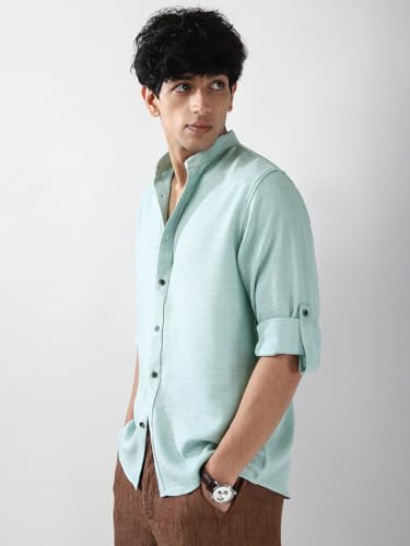Image of Urbano Fashion Men's Linen Blend Full Sleeve Relaxed Fit Mandarin Collar Casual Solid Shirt