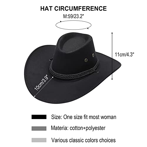 Rainflowwer Black Cowboy Hat Men For Women, Faux Felt Cowgirl Hat, Western Hat, Panama Hat, Outdoor Wide Brim Hat With Strap #TOP4