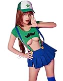 Mobbunny Women Anime Derivative Kawaii Bodysuit Suspender Skirt Set with Hat Gloves Socks Onesie Cosplay Costume (green blue, x-large)