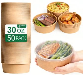 900ml Disposable Paper Bowl with Lids Round, 50 Sets Meal Prep Food Containers Microwave, Disposable Salad Soup Bowls for Party Gym Keto, Perfect for Hot Food Takeout