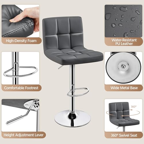 Image of Yaheetech Bar Stools Set of 4, Adjustable Swivel Barstools with High Backrest, PU Leather Kitchen Island Chairs, Thickened Seat Cushion Counter Height Barstools, Grey