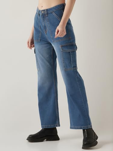 Image of Bewakoof Women's 100% Cotton Wide Leg Jeans | Jeans for Woman Pants for Woman | Classic Denim Pants | Everyday Casual | Utility Streetwear | Lightweight & Flexible | Wide Leg