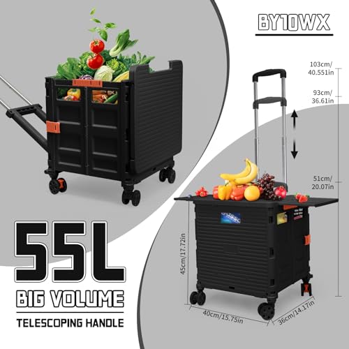 Chariot utilitaire pliable noir 55L avec roues 360° et couvercle