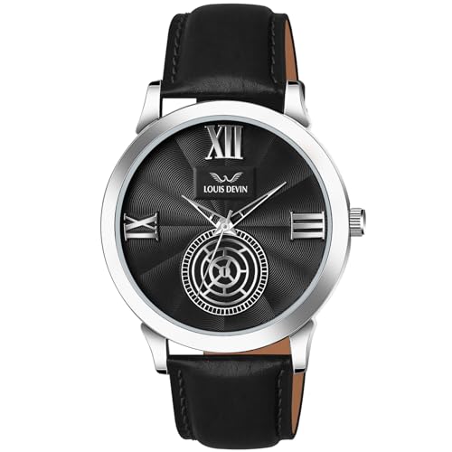 Image of LOUIS DEVIN Black /Blue /Brown /Green Leather Strap Analog Wrist Watch for Men (Black /Blue /Brown /Green /White Dial) | LD-GR079