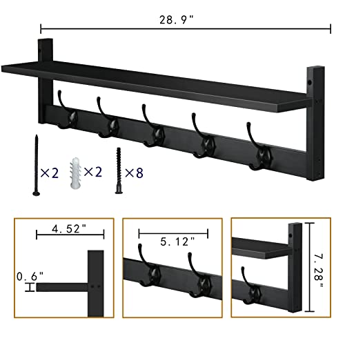 Bameos Wall Hooks With Shelf 28.9 Inch Length Entryway Wall Hanging Shelf Wood Coat Hooks For Wall With Shelf Wall-Mounted Coat Hook Rack With 5 Dual Hooks For Bathroom, Living Room, Bedroom (Black) #TOP5