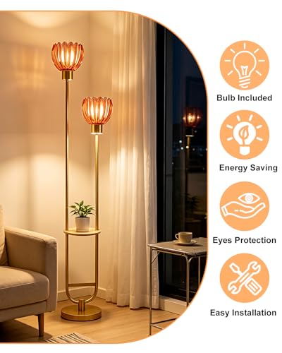 Image of Lightdot Glass Floor Lamp with Table 2-Lights Modern Gold Standing Tall Lamps with Pomegranate Red Lotus Glass Shade,LED Floor Lamp with Foot Switch for Living Room Bedroom Office (Bulbs Included)