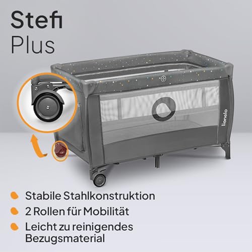 Lionelo Stefi Plus Reisebett bis 15 kg Babybett Kinderreisebett mit Matratze Seitlicher Eingang mit Reißverschluss Hochwertige Schaumstoffmatratze