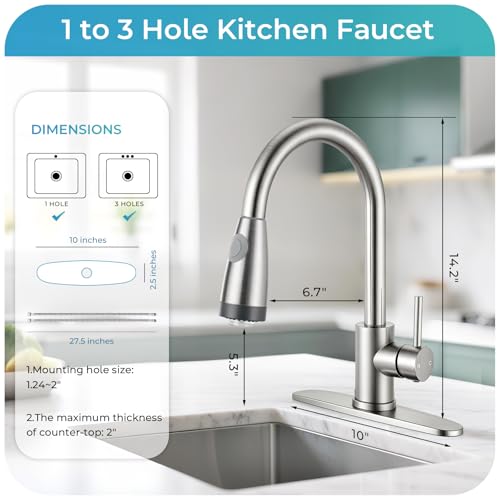 Image of LED Kitchen Faucet with Pull Down Sprayer - Brushed Nickel Single Handle Kitchen Faucets, High Arc Stainless Steel Pull Out Kitchen Sink Faucet with Deck for RV Laundry Farmhouse Bar