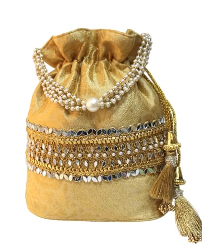 Image of MILAN'S CREATION Banarasi Silk Brocade Potli Bag Purse With Base Drawstring Women's handbag with Pearl Handle & Tassel Weddings
