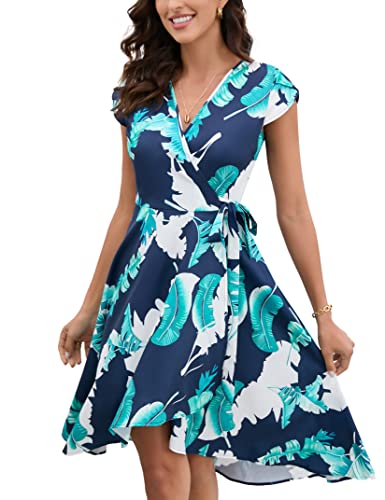 YesFashion Damen Kleid Elegant Sommerkleider Casual Kurzarm Wickelkleid Strandkleid Lange Blumenkleid Partykleid Dunkelblau L