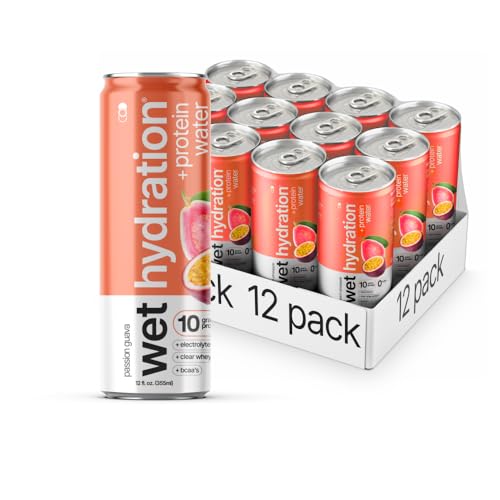 Image of Wet Hydration | Functional Wellness Water, Non-Carbonated - Passion Guava (12 fl. oz. / 355ml Cans, Pack of 12) - Zero Calorie Hydration Drink with Electrolytes, Clear Whey Protein, BCAAs, Protein Water, No Sugar, No Artificial Ingredients