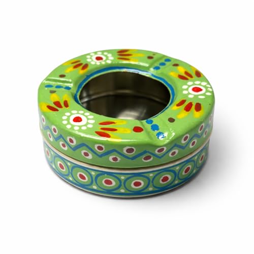 Image of iHandikart Handpainted Ash Tray 4x2 Inch | Metal Ashtray for Home, Table & Car Use | Multicolour Decorative Ashtray | Handmade Smoking Accessories for Indoor & Outdoor Use (Green)