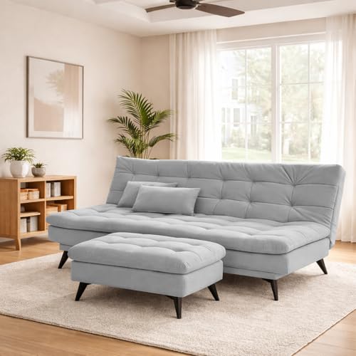 Image of Krancy Solid Wood 3 Seater Sofa Cum Bed with Ottomon | Convertible Wooden Couch for Living Room, Home & Office | Modern Designer Furniture | 1 Year Warranty | Grey Color