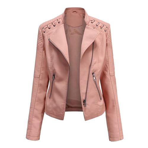 Veste en cuir de moto pour femmes rose coupe slim fit en similicuir