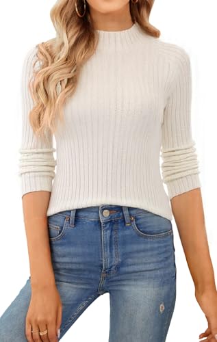 QUALFORT Women's 100% Cotton Mock Neck Sweater Lightweight Long Sleeve Soft Knit Pullover Tops