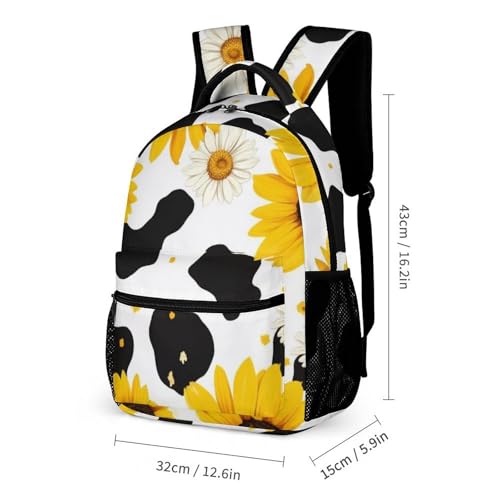 Travel Bookbag Set with Lunch Bags and Cosmetic Bag 80s Vintage Sunflower Cow Print Backpack with Lunch Box Storage Bag Backpack Bookbag Set2