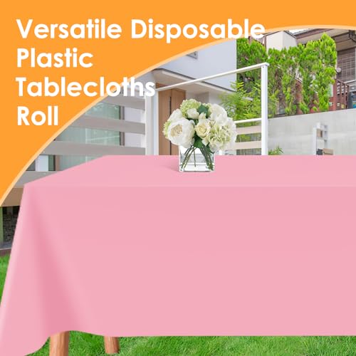 Image of tujol Pink Disposable Plastic Table Cloth Roll 54 inch X 100', Plastic Table Cover with Cutter Box, Cut to Size Disposable Tablecloth for Parties