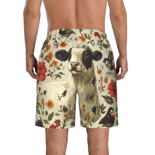 Men Swim Trunks Beach Shorts Swimwear Summer Bathing Suits - Cow Birds Flowers3