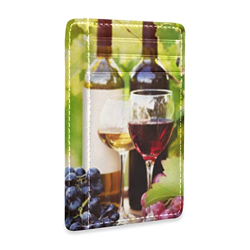 Red Wine Glasses Bottles Grapes with Green Leaves and Wooden Barrels Slim Minimalist Wallet, Front Pocket RFID Leather Blocking Card Holder Case for Men Women Girls Ladies, Stylish Printing Gift