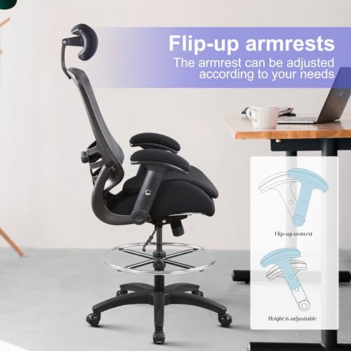Image of BOLISS 400lbs Ergonomic Drafting Chair,Tall Office Mesh Chair, Standing Desk Chair,Height Adjustable Armrest and Flip up Arms, Adjustable Lumbar Cushion (Black Frame Black Mesh)