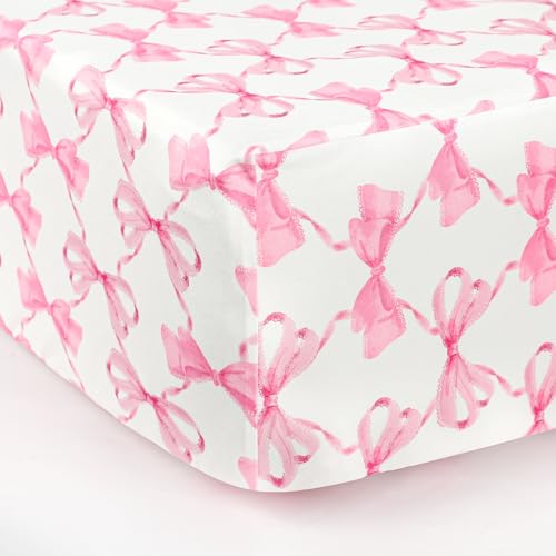 Image of Crib Sheets for Girls and Boys, HNHUAMING Crib Sheet Fitted Fits for Standard Crib & Toddler Mattresses, Ultra Soft Breathable Baby Crib Sheets Neutral 52'' X 28'' inch Crib Sheet, Pink Bow