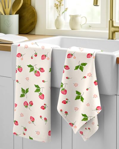 Image of Miss Adola 150GSM Flour Sack Kitchen Towels Set of 2, Strawberry | 18 inchx26 inch, Lightweight, Lint-Free, Pure Cotton, Decorative, with Hanging Loop, Absorbent, Softer after Wash, Giftable Package