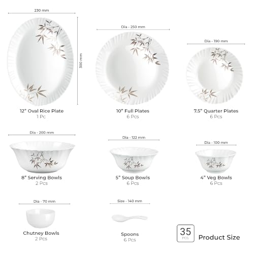 Image of Treo by Milton Opalware Aurelia Arashi Dinner Set of 35 | Serving for 6 | Microwave & Dishwasher Safe | Bone-Ash Free | Tempered Toughness | Plates, Bowls, Spoons | Crockery Set for Dining & Gifting