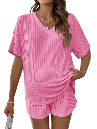 Image of MakeMeChic Women's Maternity 2 Piece Outfits Summer Short Sleeve Rib Knit Tee Top and Short Lounge Sets Clothes