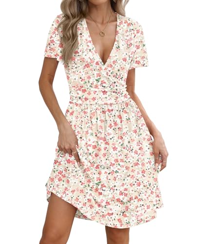 Image of KUOTAI Women's Summer Short Sleeve Casual Dresses Wrap V Neck Beach Outfits Party Flowy Dress with Pockets, Pink White Flo, XX-Large