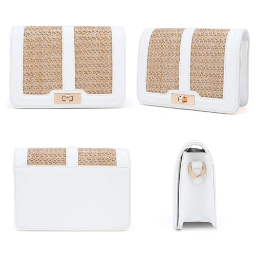 Image of FALETO Straw Crossbody Bags for Women Summer Leather Stitching Straw Flap Bag Handbag Shoulder Clutch Purse