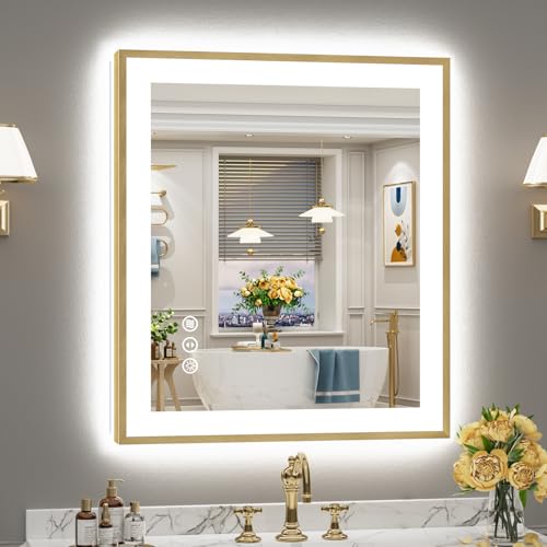 Image of 28x32 Gold LED Bathroom Mirror with Lights, Lighted Vanity Mirror