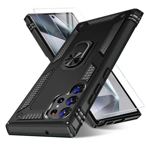 for Samsung Galaxy S24 Ultra Case with Screen Protector, Military Grade Rugged Shockproof Heavy Duty S24 Ultra 5G Protective Cover for Samsung S24 Ultra Magnetic Ring Kickstand Phone Case (Black)