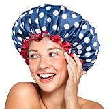 mikimini Gorro de ducha reutilizable e impermeable para mujer – Gorro de ducha grande para cabello largo con banda elástica, gorro de doble capa con lunares, ideal para cabello grueso y trenzas