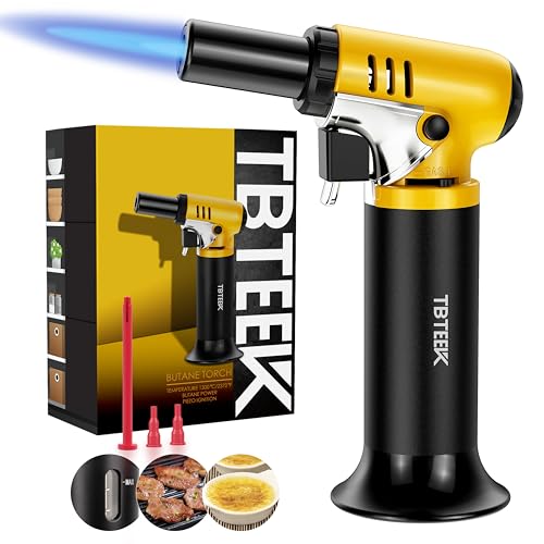 TBTeek Butane Torch with Fuel Gauge T907, One-hand Operation Kitchen Torch Lighter with Adjustable Flame for BBQ, Baking, Brulee Creme, Crafts and Soldering(Butane Gas Not Included)