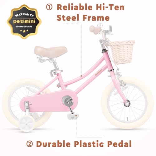 Image of Petimini Vintage Kids Bike for Girls, 12-20 Inch Classic Bicycle with Wicker Basket & Bell, High Tensile Steel Frame, Training Wheels (12-18 inch), 85% Pre-Assembled, Retro Bike for Outdoor Riding