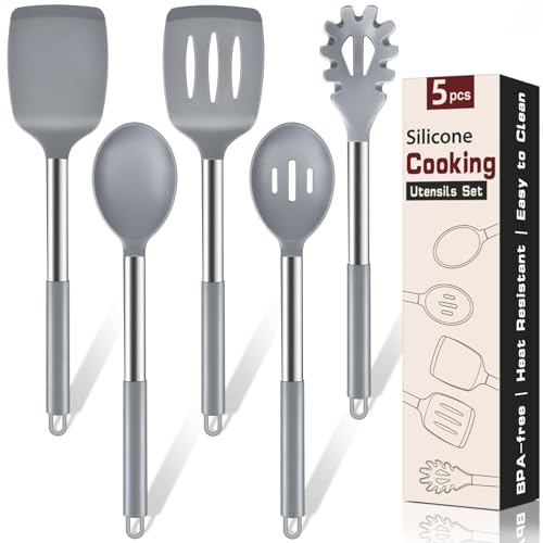 Image of 5Pcs Silicone Cooking Utensils Set, Heat Resistant Kitchen Tools Include Solid&Slotted Spatula, Cooking Spoon and Pasta Server, Silicone Kitchen Utensils set for Nonstick Cookware Flipping, Gray