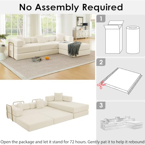 Image of HANXIN 108 inch Modular Sectional Sofa, Futon Convertible Sofa Bed,Oversized Corduroy Boneless Couch for Living Room,Floor Loveseat Sleeper with Pull Out Bed,Free Combination,No Assembly Required (Beige)