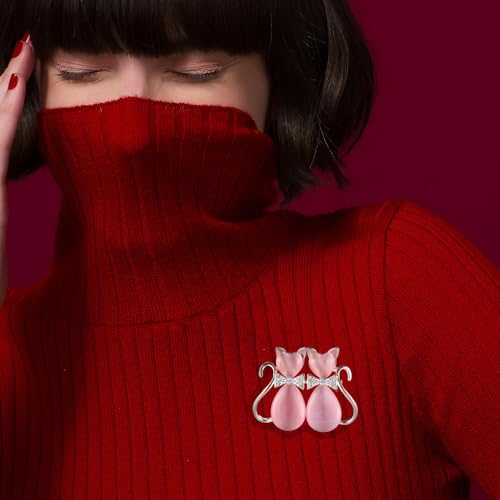 Image of Pink Heart Cat Animal Rhinestone Brooch Pin for Women Girls Gold Plated Fashion Crystal Love Hearted Cat's Eye Couple Kitten Brooches Lapel Pins Cute Dress Accessories Birthday Holiday Jewelry Gift