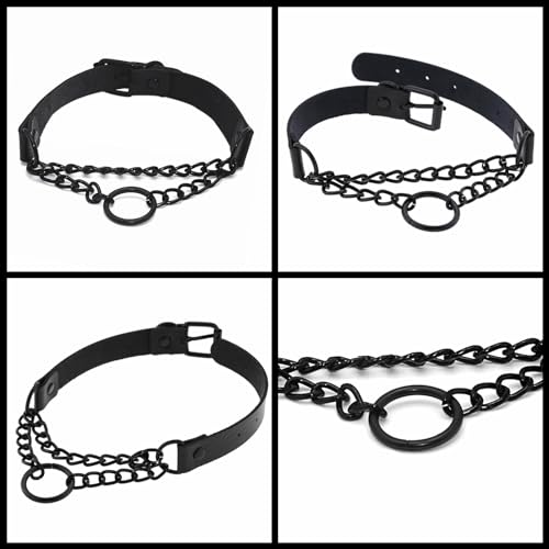 Gothic Black Leather Ring Chain Choker Collar for Women, 2 Pcs Collar Body Chains Belt Punk Emo Accessories Set for Cosplay3