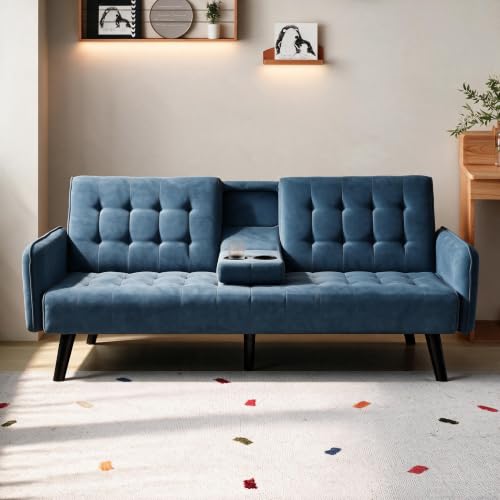 Trygoal 72" Futon Sofa Bed, Convertible Sleeper Sofa with Cup Holder, Green
