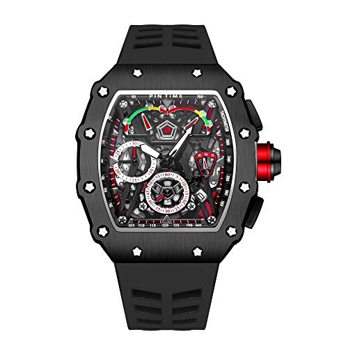 Youbbeo Analog Punk Chronograph Watch Casual Tonneau Skeleton Watches Unique Fashion Style Quartz Sports Wristwatch Luminous Design with Silicone Band (Black Black)